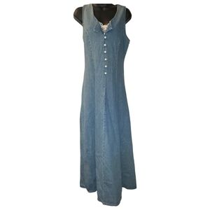 Vintage Denim Bell Maxi dress size 9 EUC Lace Up Back Pearl Buttons